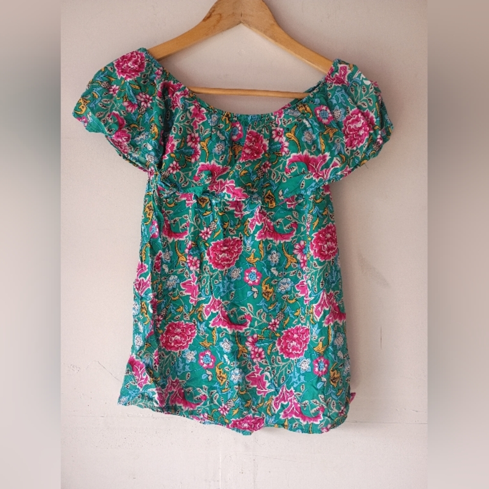Rose & Thyme Floral Boho Peasant Top Rayon Blouse Green Pink Size Small